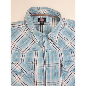 Dickies 4XL Men Blue Plaid Pocket Hem Logo Tags Short Sleeve Western Style Shirt